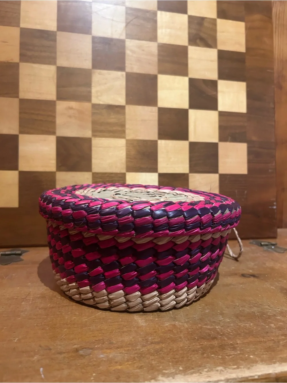 Handwoven Pink and Natural Round Storage Basket with Lid